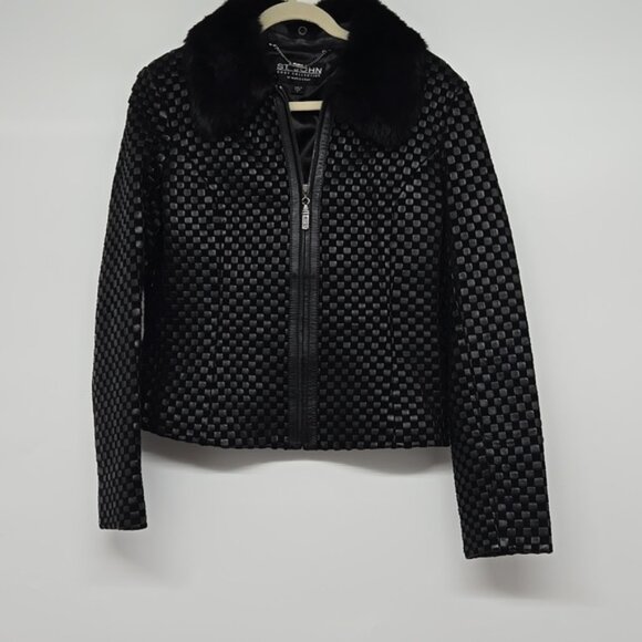 Vintage St. John Black Textured Women's Jacket With Rabbit Fur Collar Zipper M - Picture 3 of 16